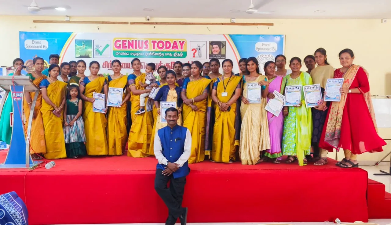 Group of women standing on stage with certificates at a Genius Today event